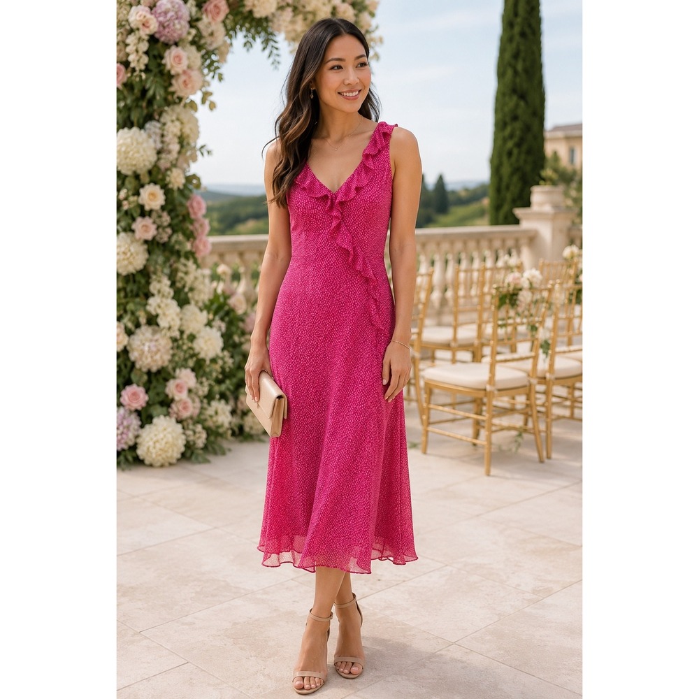 Ann Taylor 100% Silk  Fuchsia Polka Dot Ruffle Dress Romantic Wedding Guest  10